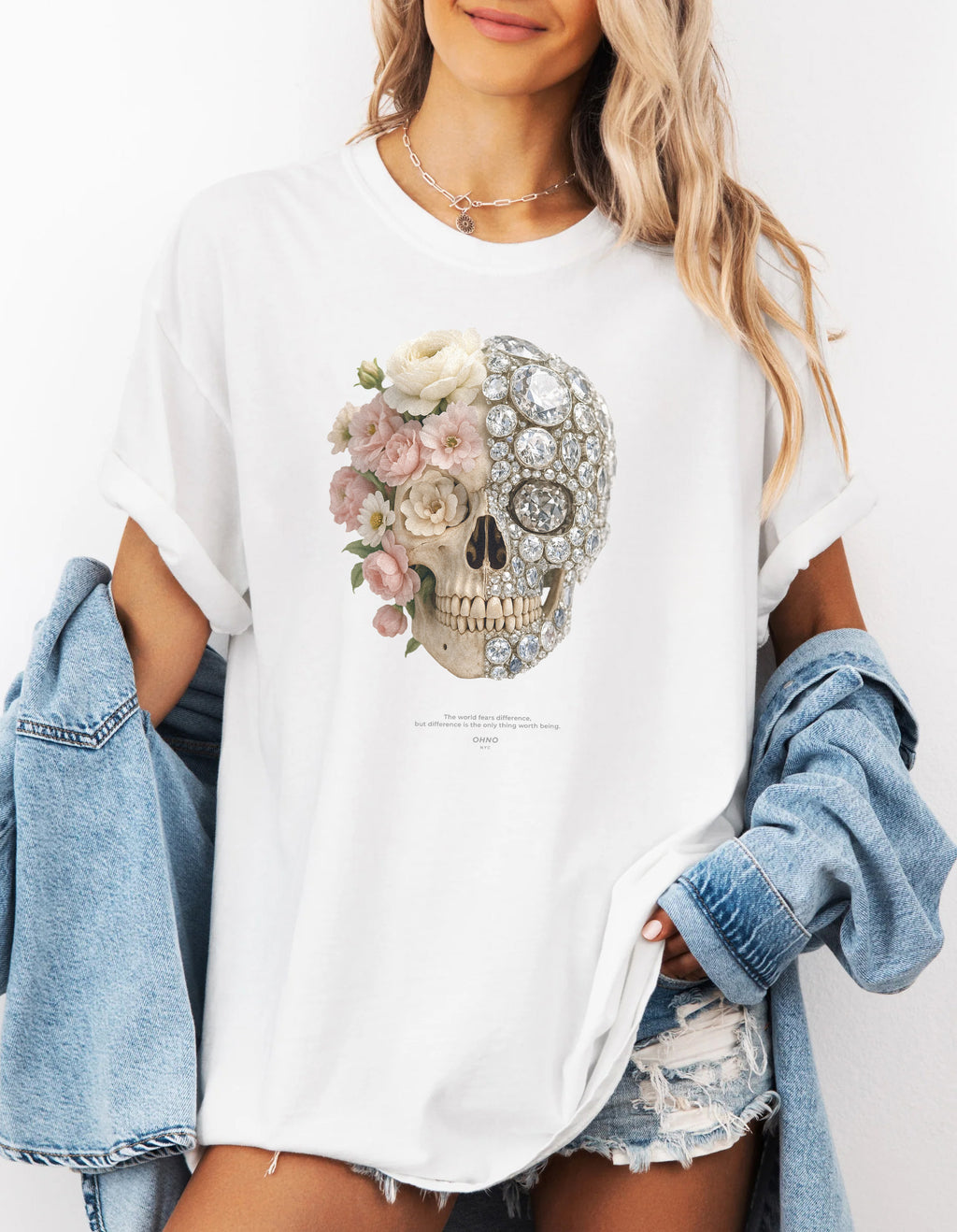 Dark T-shirt with Skull, Flowers and Diamonds