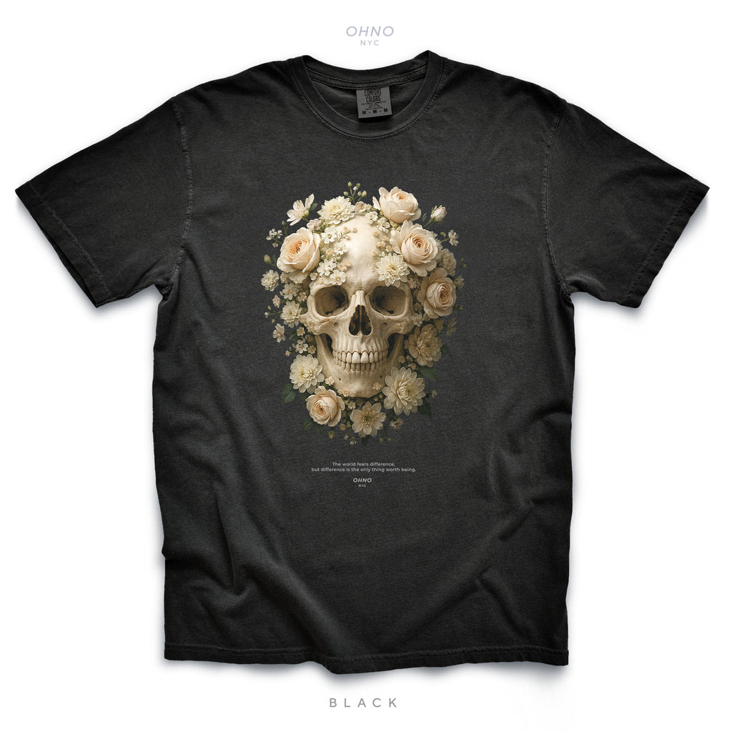 Dark T-shirt with Skull and Flowers