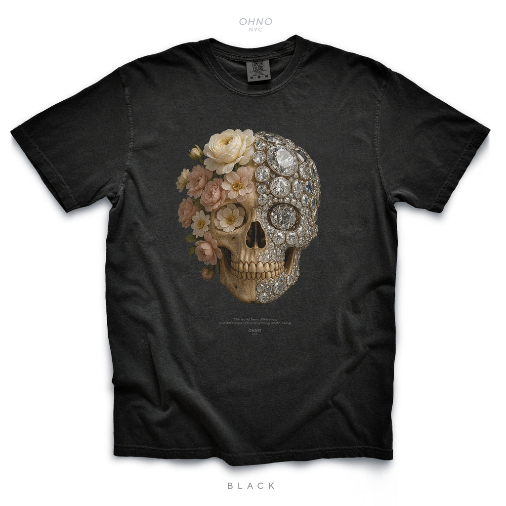 Dark T-shirt with Skull, Flowers and Diamonds