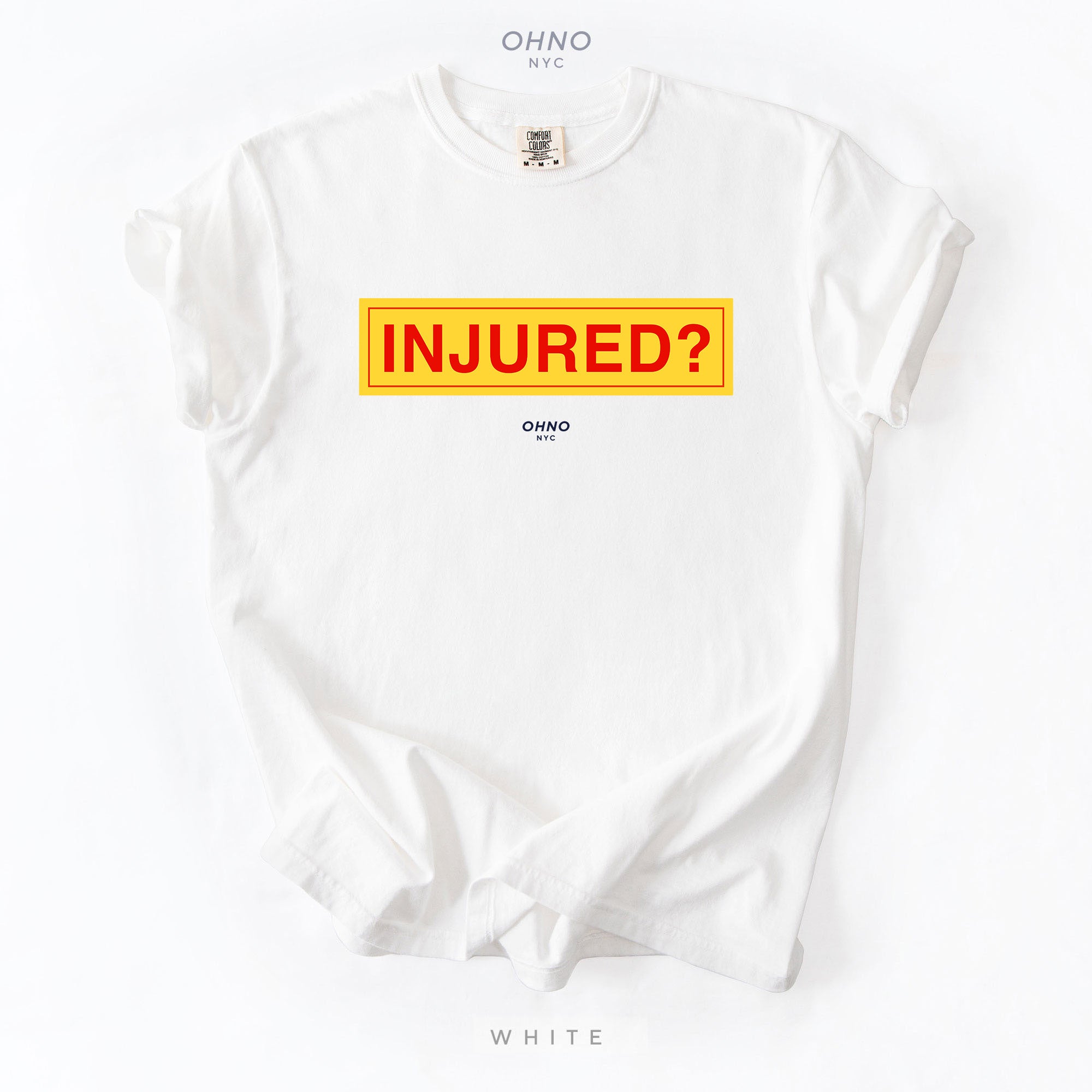 White t-shirt with 'INJURED?' graphic and OHNO branding on a white background