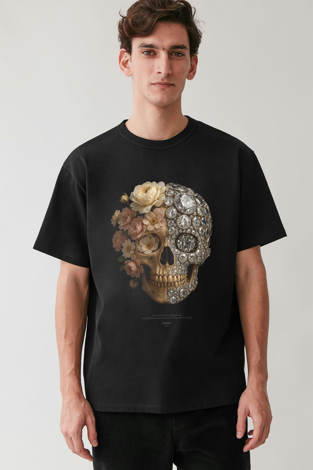 Dark T-shirt with Skull, Flowers and Diamonds