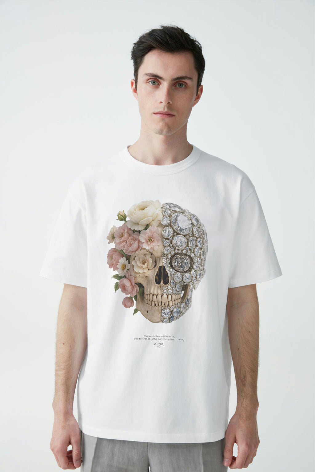 Dark T-shirt with Skull, Flowers and Diamonds