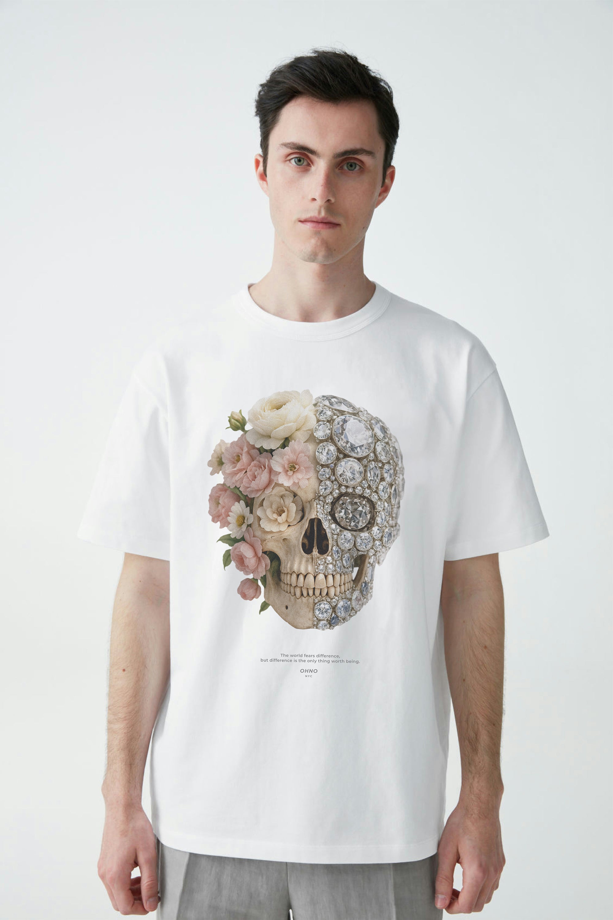 Dark T-shirt with Skull, Flowers and Diamonds
