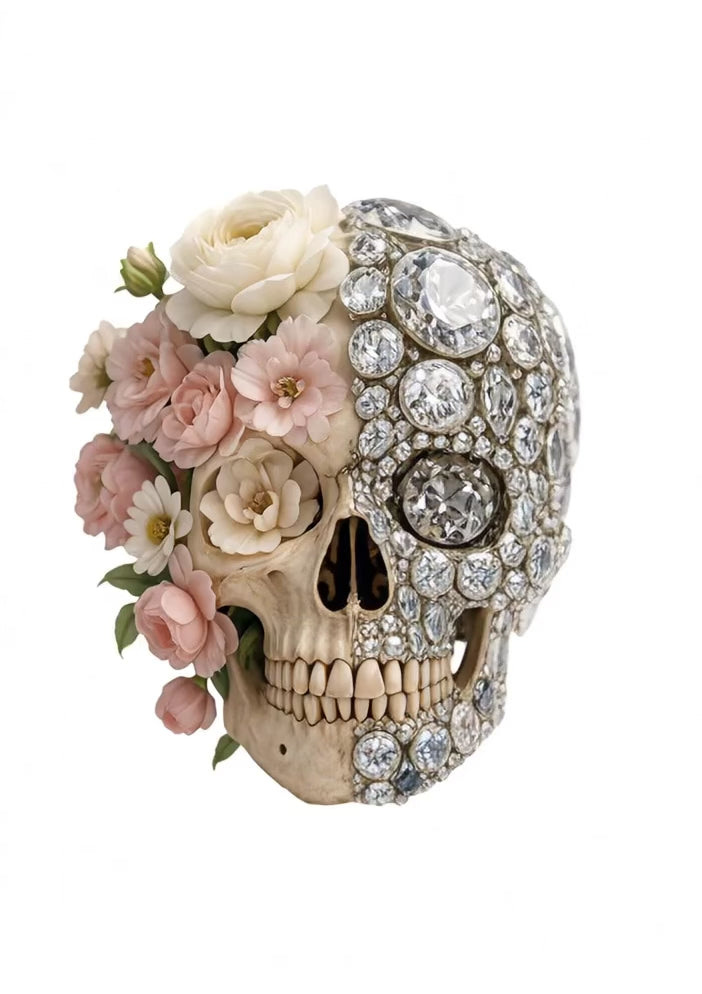 Dark T-shirt with Skull, Flowers and Diamonds